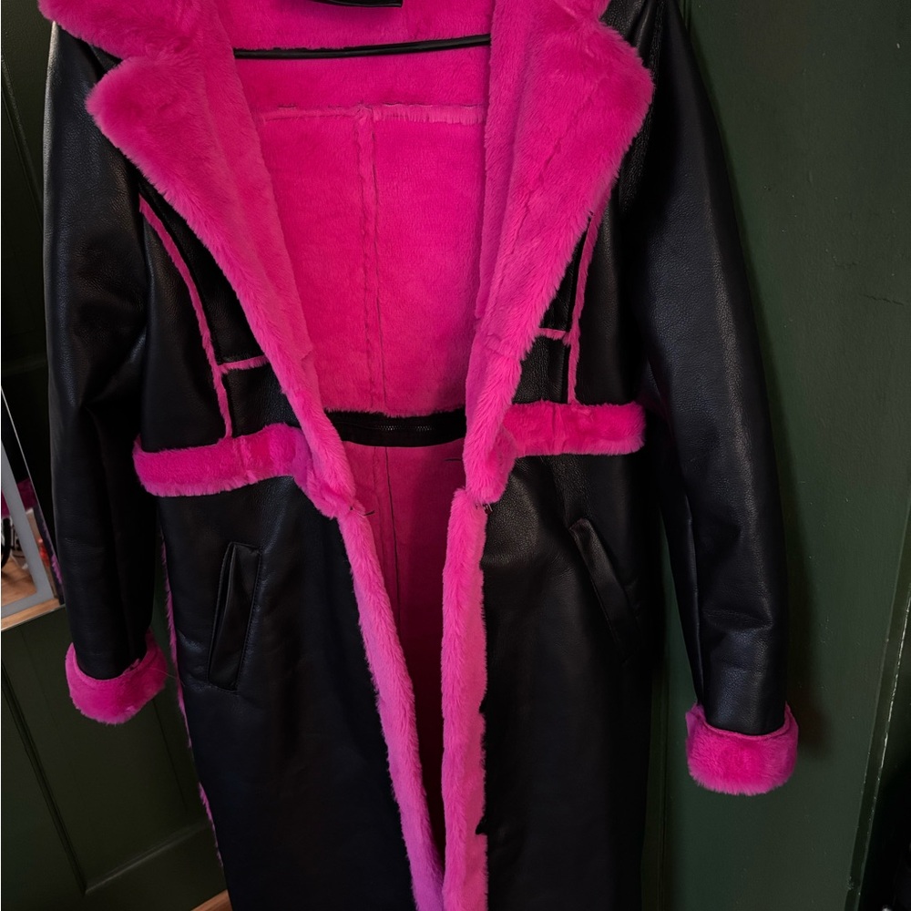 Black and Pink Faux Fur Trim Coat